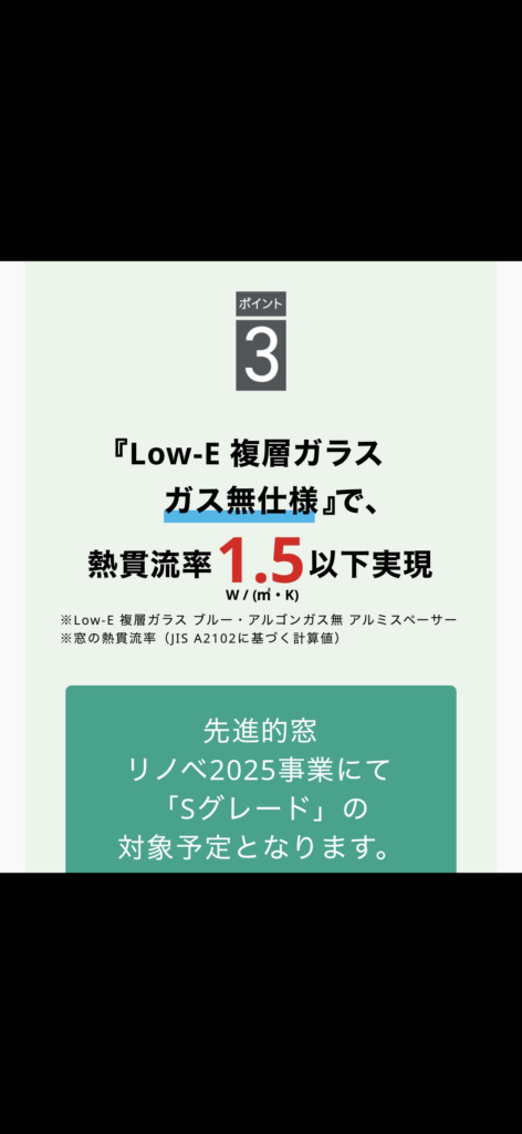 『Low-E 複層ガラス ガス無仕様』で、熱貫流率1.5W / (㎡・K)以下実現！
