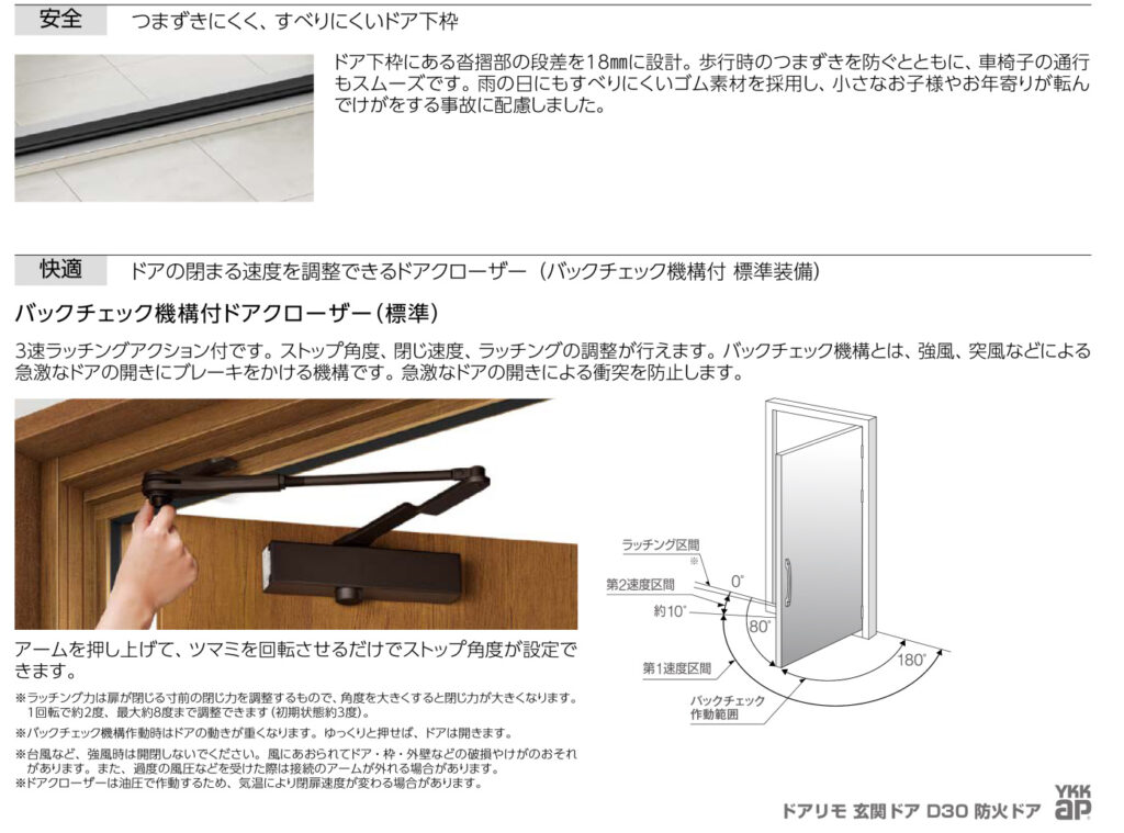 バックチェック機構付ドアクローザーも標準装備。<br />
<br />
強風・突風によるぎゅうげきなドアの開きにストップをかけます。
