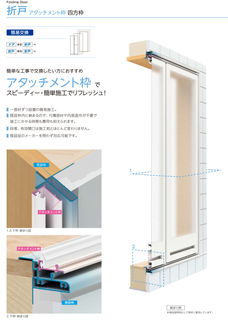 カンタンな工事で好感したい方にお勧めなのが「アタッチメント枠」<br />
<br />
既設品のメーカーを問わず対応可能です。<br />
<br />
既設枠内に収まるので、付属部材や内部造作が不要で施工にかかる時間も費用も抑えられます。