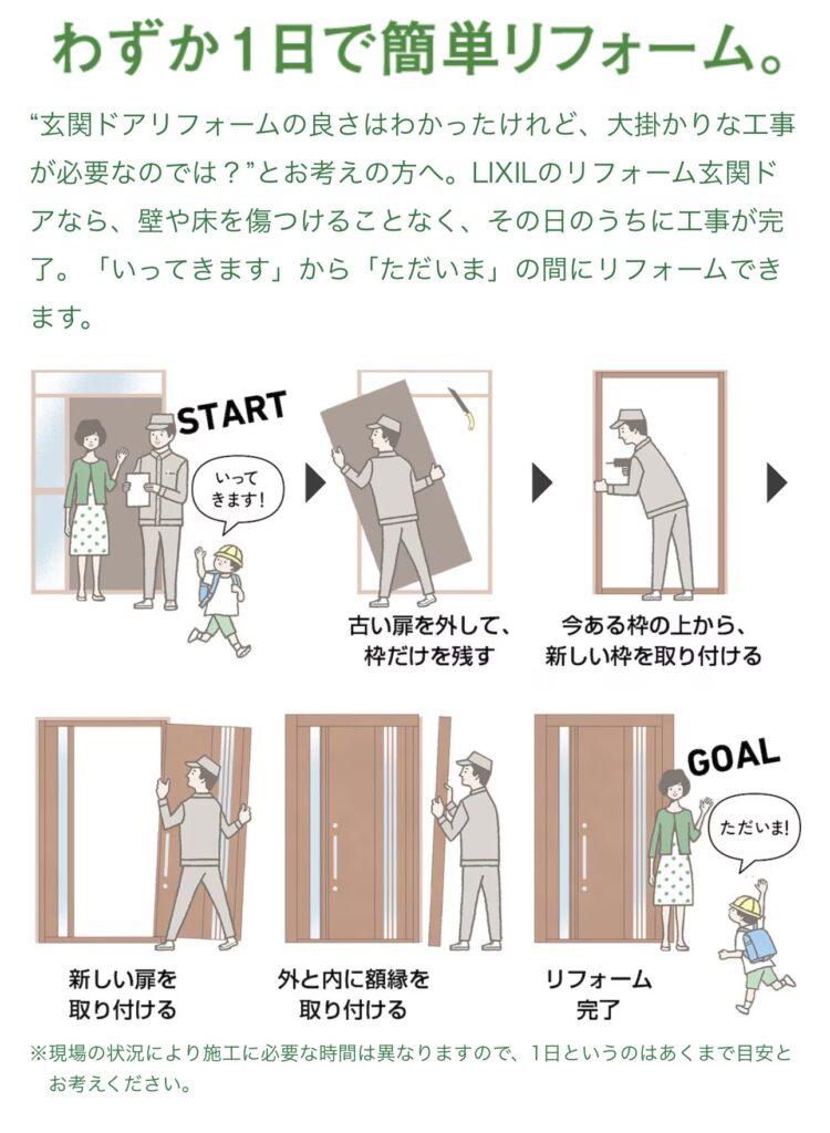 目安ではありますが、当店では朝９時からスタートした場合、夕方17時ころまでには工事が完了します。<br />
<br />
朝古いドアから出発した家族が、夜帰ってきてびっくり😮なんてことも( ´艸｀)