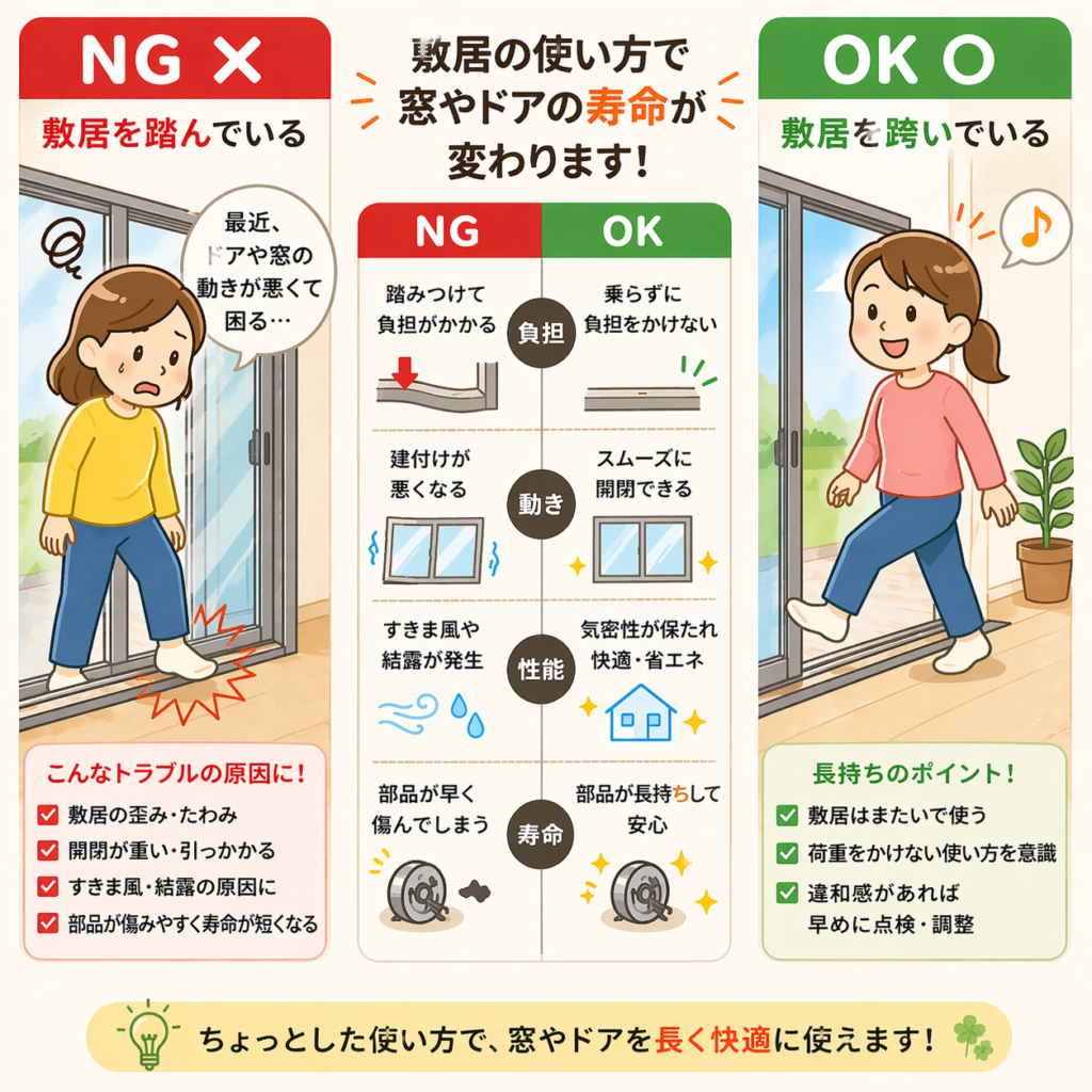 「踏んだらあかーーーんっ！」その習慣にちょっと待った！！敷居を踏む癖ありませんか？【窓・ドア長持ちの秘訣】
