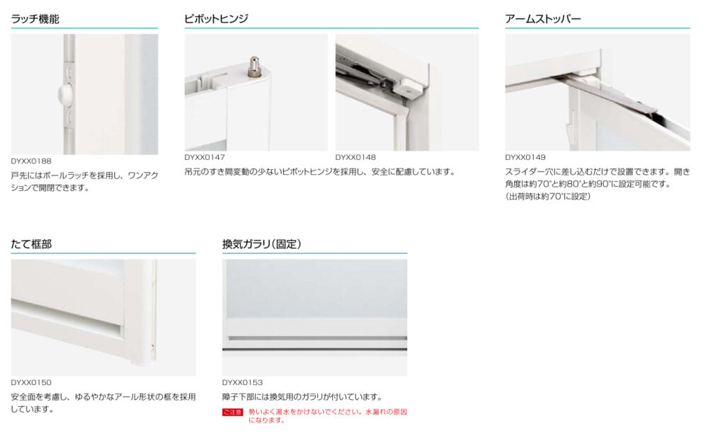 障子株には換気用のガラリがついています。<br />
勢いよく湯水をかけると水漏れの原因になるのでご注意！<br />
<br />
※ガラリとは空気を通すための羽根状の通気口のことです