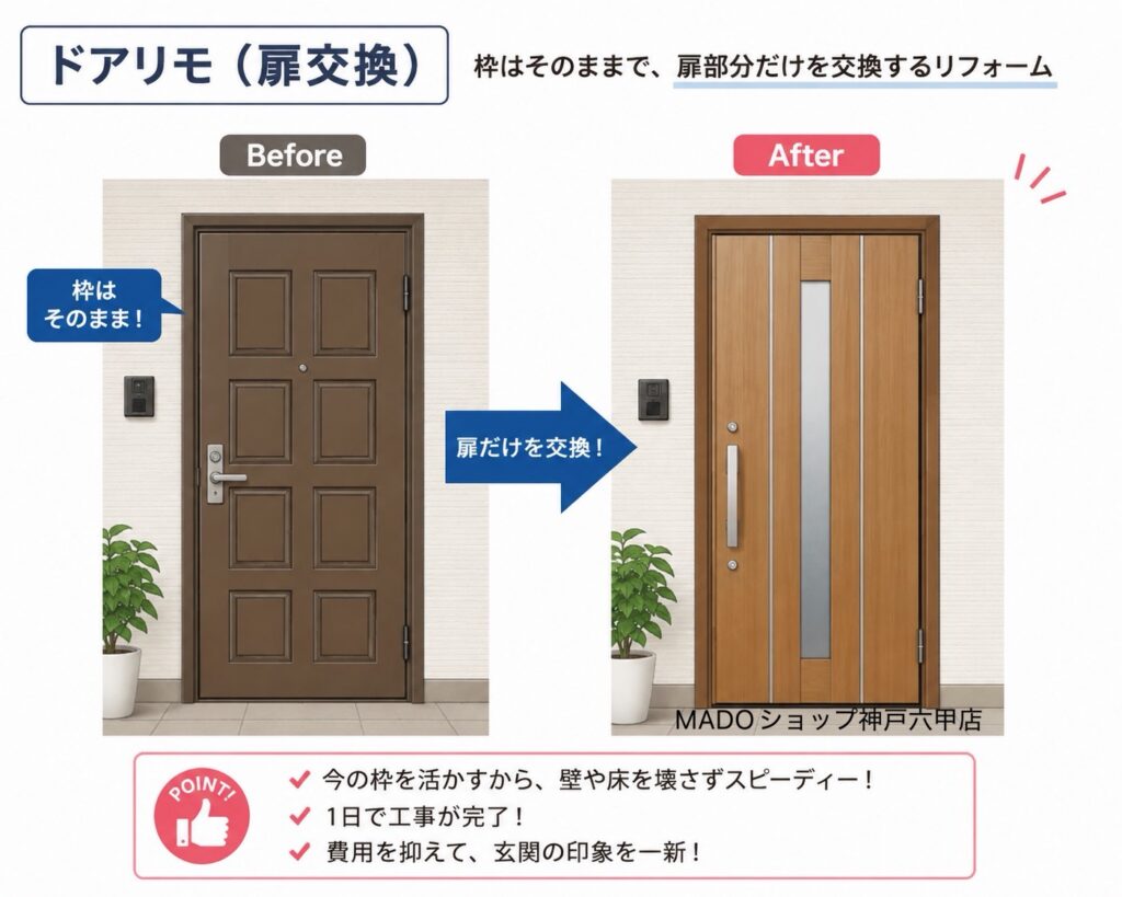 YKK APのドアである<br />
現在販売中のドアと互換性がある<br />
<br />
という場合は、扉部分のみの交換ができる可能性が高いです！<br />
<br />
ぜひご相談ください。