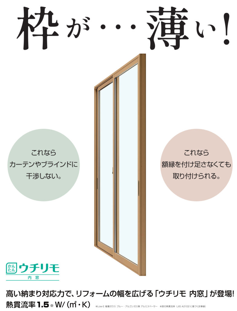 新しいウチリモは薄いので、ほとんどの家にふかし枠なしで付けることができ、室内側に出っ張らないのですっきりとした室内を保てます。