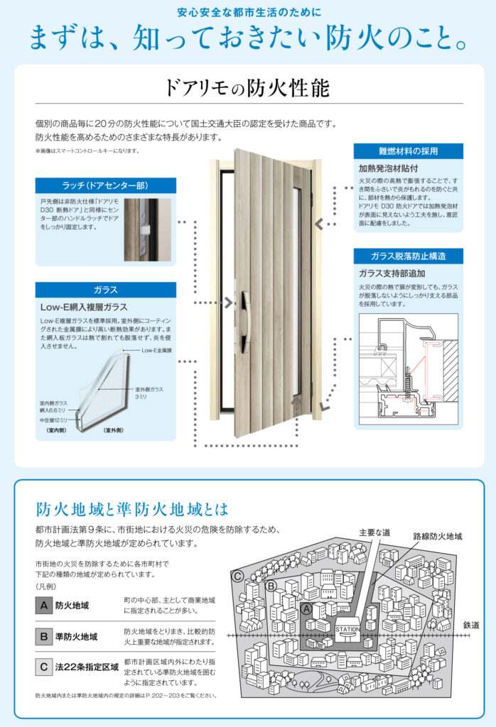 準防火地域には、防火戸を選ぶことが必要です。<br />
<br />
防火戸には万が一の火災の際に燃え広がることを防ぐための工夫がいろいろとなされています👍
